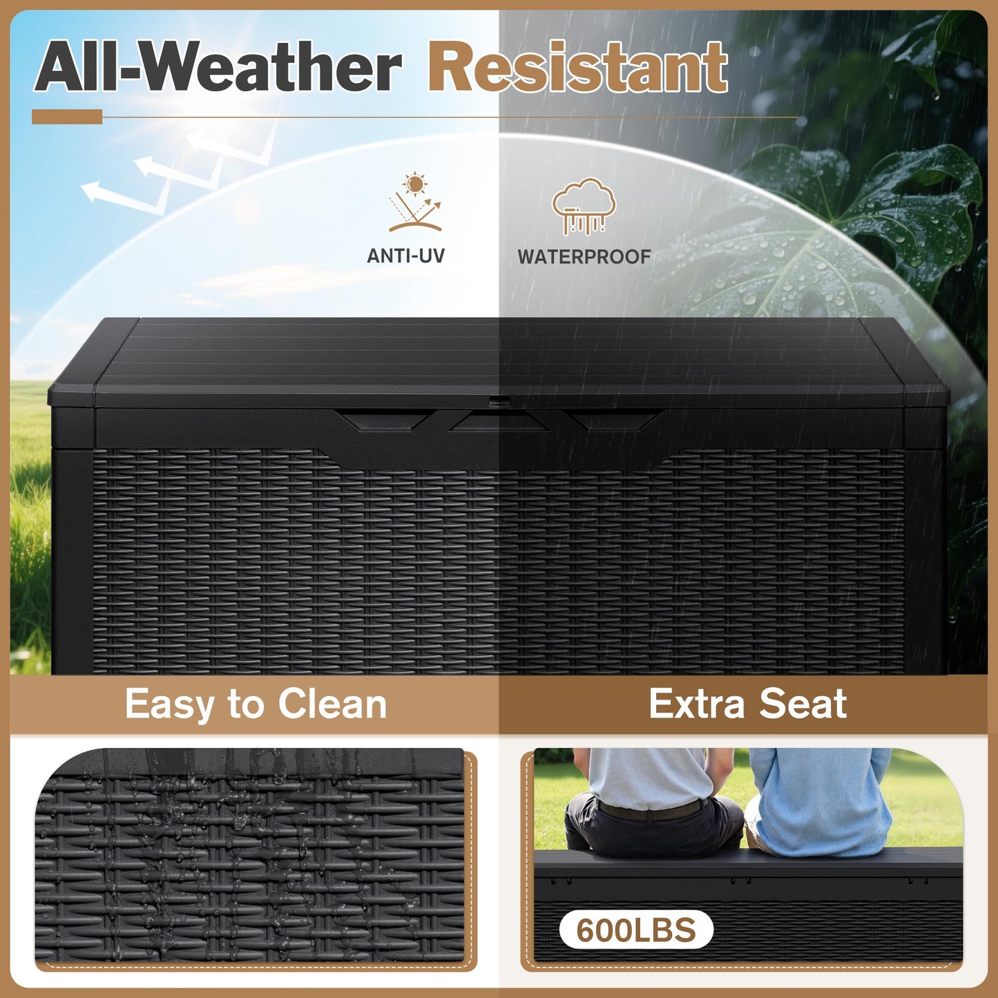 Devoko 100 Gallon Waterproof Large Resin Deck Box Indoor Outdoor Lockable Storage Container for Patio Furniture Cushions Garden Tools (100 Gallon, Black)