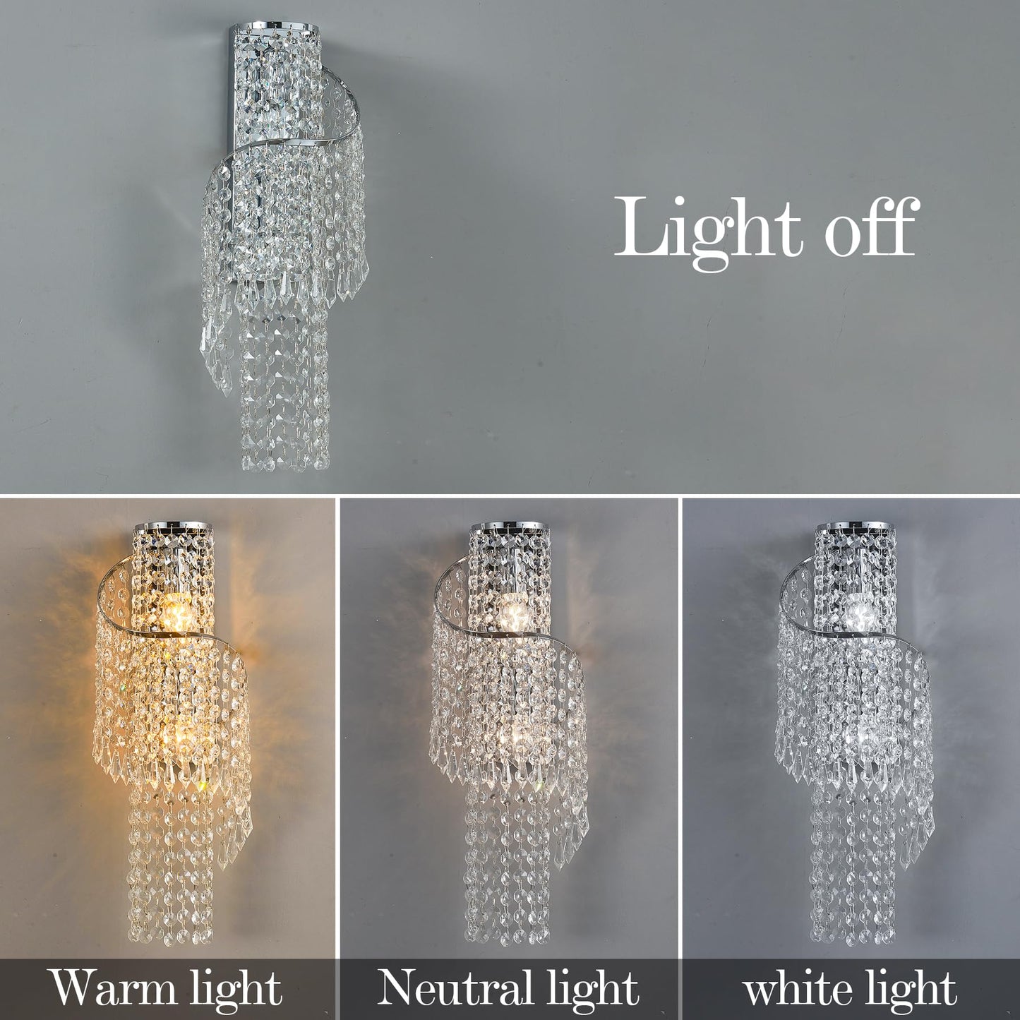 masarayti K9 Crystal Chrome Wall Sconces, Adjustable 3-Color LED Wall Light, FixtureVanity Wall Mount Lamps for Living Room Bedroom Bathroom Bedside Hallway Stairway