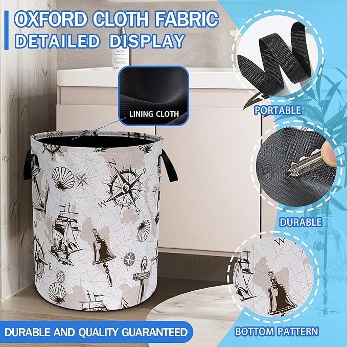 Compass Anchor Sailboat Nautical Laundry Basket Oxford Cloth Laundry Hamper
