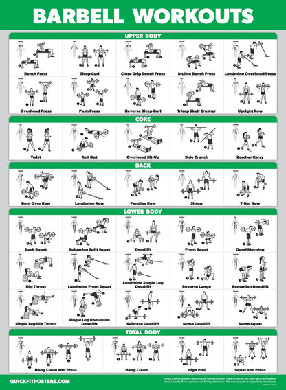 4 Pack - Cable Machine Workout Posters Volume 1 & 2 + Dumbbell Exercises + Barbell Exercises (LAMINATED, 18" x 24")