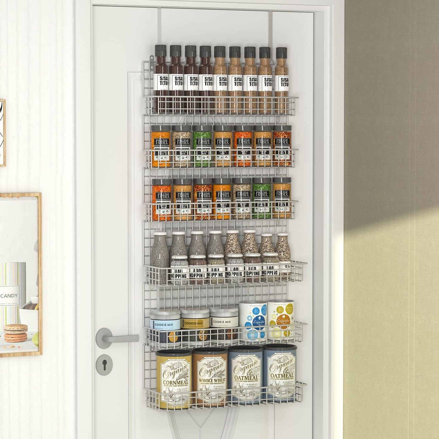 JKsmart 6-Tier Spice Rack Organizer with Door Hook, Wall Mounted & Over the Door Spice Racks for Kitchen Pantry Door Cabinet, Two Size, Large Capacity, Black