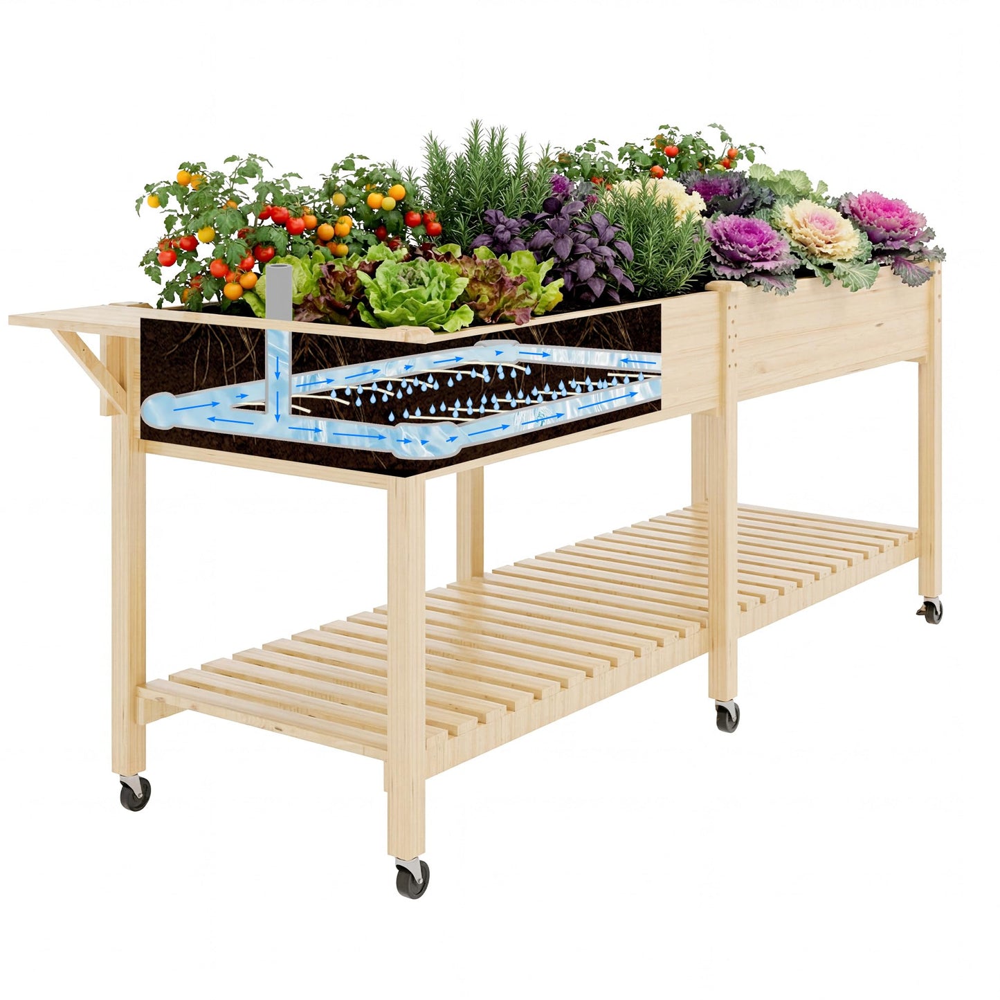 Cakhdry Raised Garden Bed with Legs and Wheels, Self-Watering System, 72x24x30in Elevated Planter Box with Storage Shelf & Liner for Flowers Vegetables Herbs, Raised Bed for Outdoor/Balcony/Patio