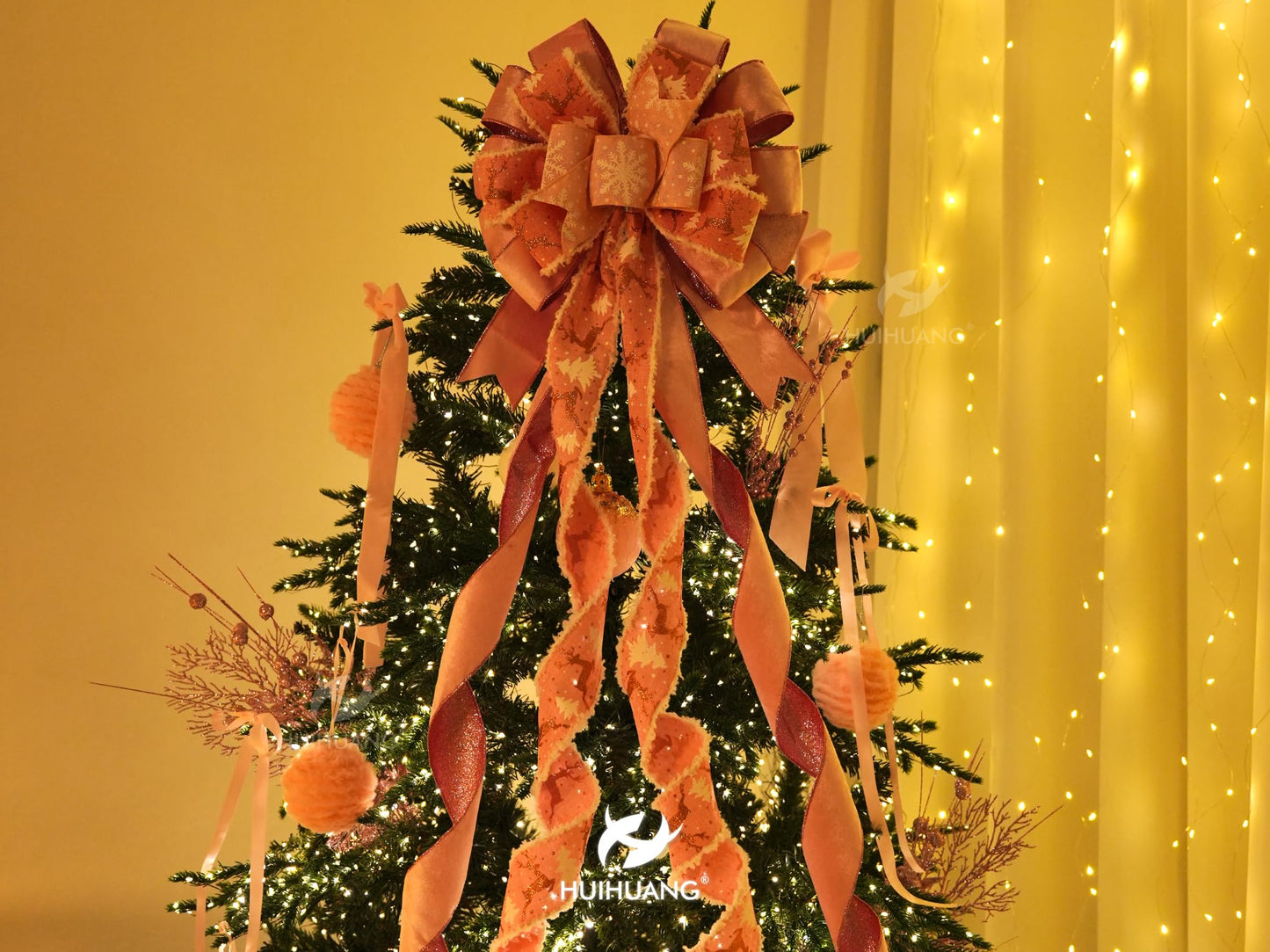HUIHUANG Pink Christmas Tree Topper Bow 13 inch x 45 inch Large Christmas Bows Pink and White Snowflake Velvet Bows for Christmas Tree Ornament, Wreaths, Staircase, Mantel, Home Decor