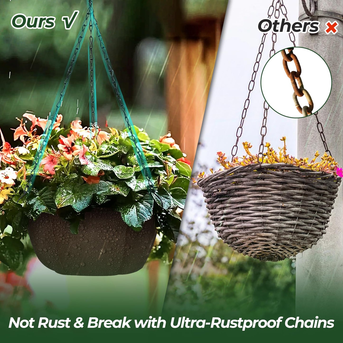 T4U Hanging Planters for Outdoor Plants, 3 Pack 10 Inch Hanging Baskets for Plants Outdoor with Rustproof Chain, Fabric Hanging Pots for Plants, Hanging Planter for Balcony Porch Deco, Brown