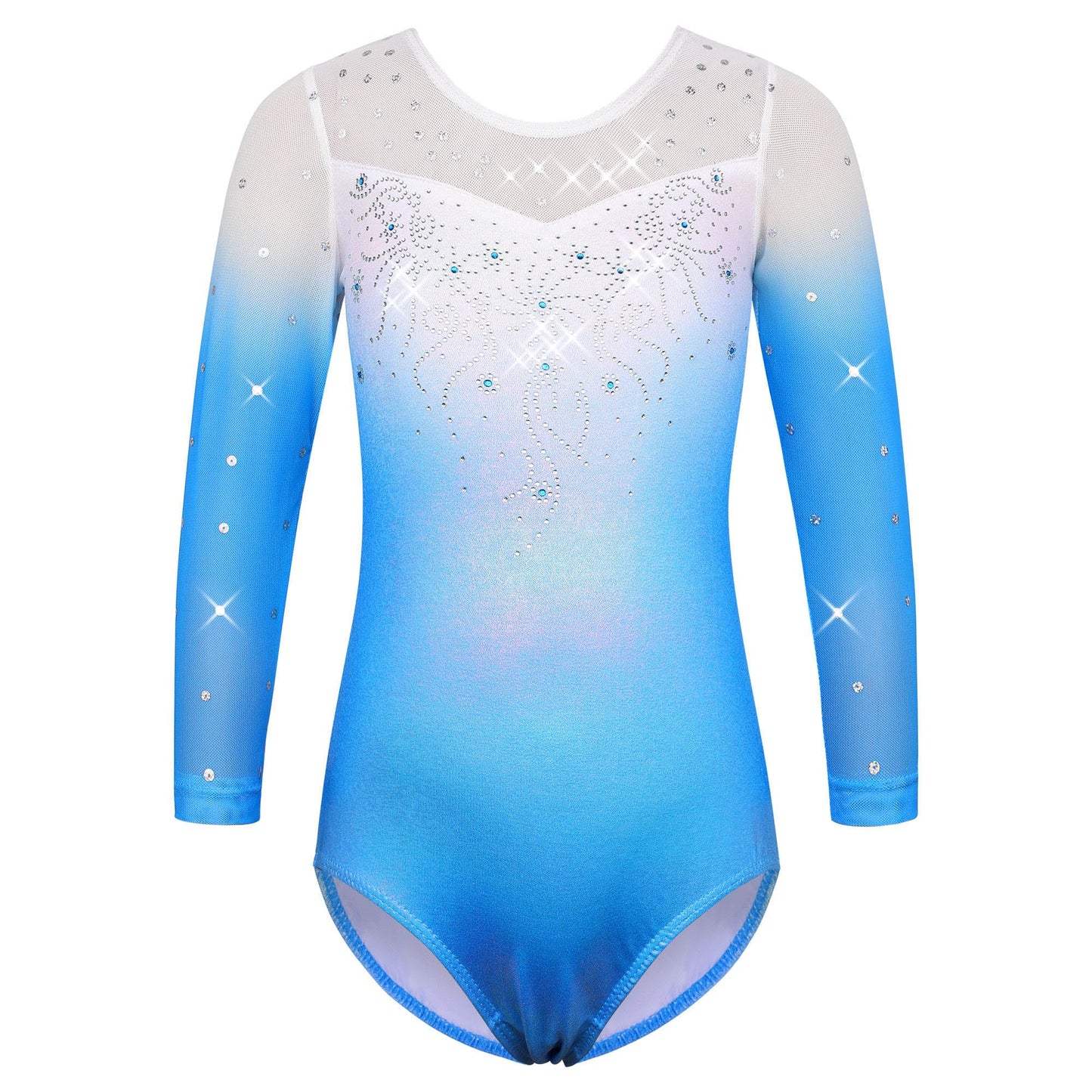 TFJH E 3/4 Sleeve Girls Leotards Gymnastic Apperal Sequin Sportwear Tumbling Wear Gradient Blue 4A