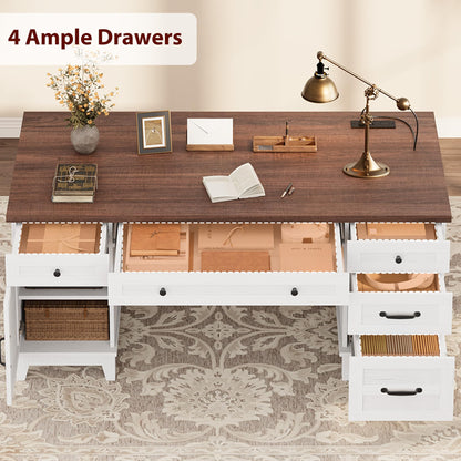 GAOMON 60in Wooden Executive Desk with 5 Drawers, Office Desk Computer Table with Charging Station, Farmhouse Home Office Desk with File Cabinet Storage, for Study and Home Office, White Walunt