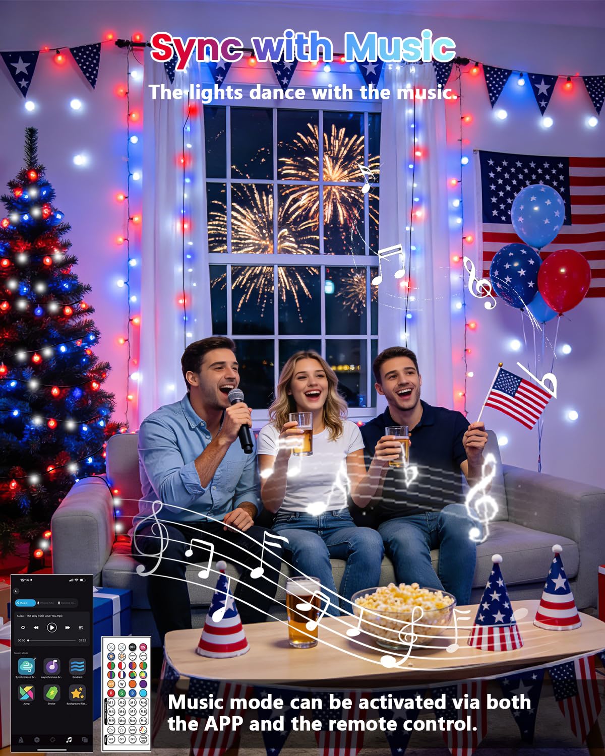300LED Smart 4th of July String Lights | 107FT App Controlled Red White and Blue American Flag Lights, Waterproof Patriotic RGB Color Changing String Lights with Remote & Timer Outdoor for Memory Day