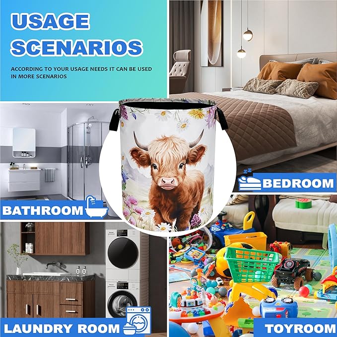 Highland Cow Laundry Basket Oxford Cloth Animal Flowers Laundry Hamper