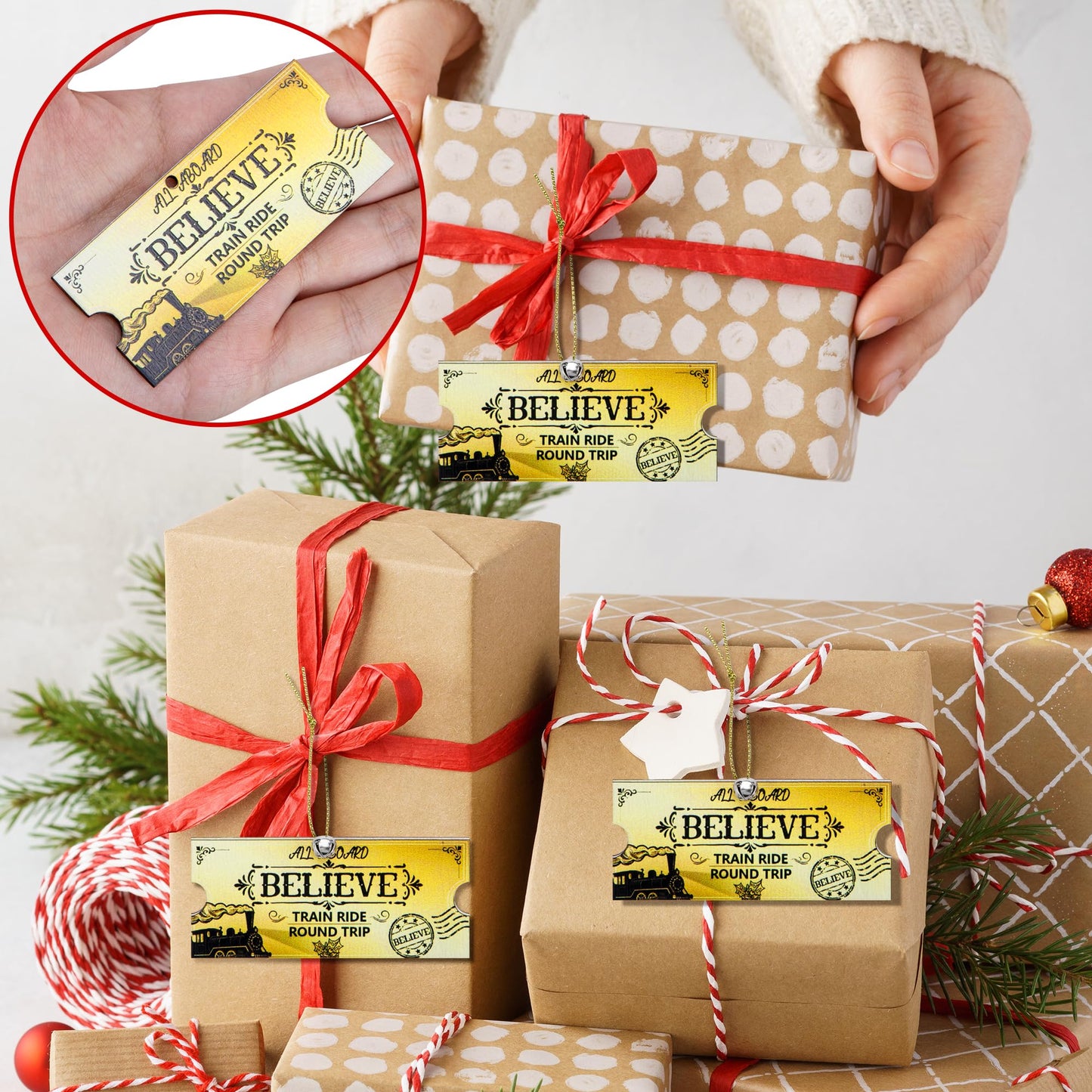 Mizelu 30 Set Christmas Polar Golden Wooden Tickets, North Pole Train Ticket Ornaments with Bells and Ropes, Christmas Believe Train Decoration for Xmas Holiday Party Favor Supplies (Golden)