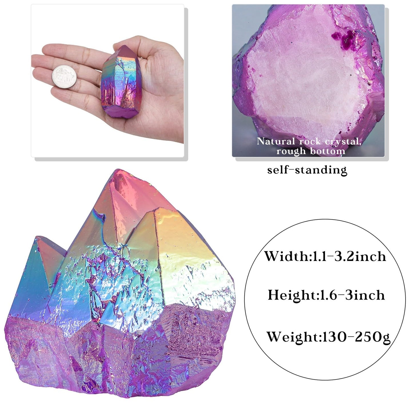 dssmboom Irregularly Single Pointed Purple AB Titanium Coated Rock Quartz Cluster Mineral Specimen, Reiki Healing Rock Crystal Geode for Stone Collection and Home Decor, Purple