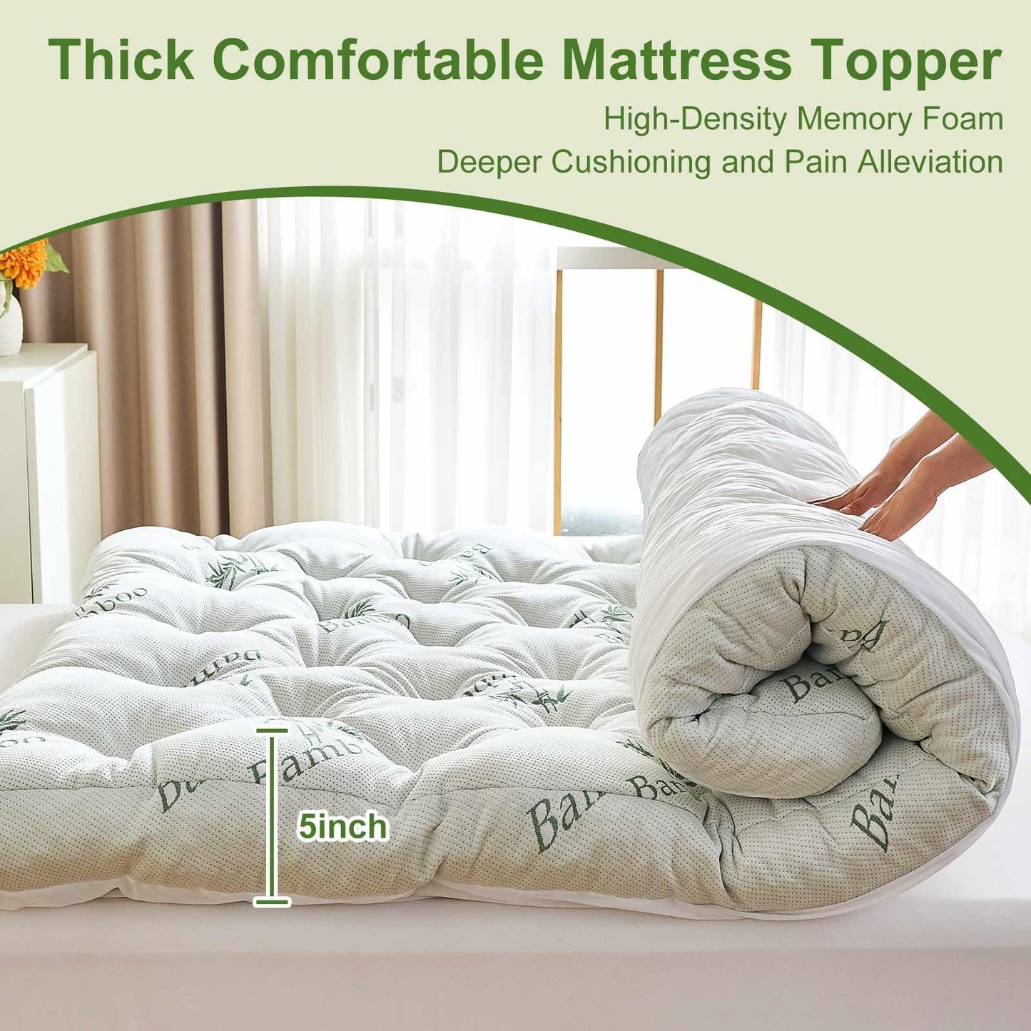 Whatsbedding Memory Foam Mattress Topper Queen Size, 5 Inches Slow Rebound Memory Foam Topper with Cooling Viscose Made from Bamboo Cover, Deep Pocket Designed Mattress Topper