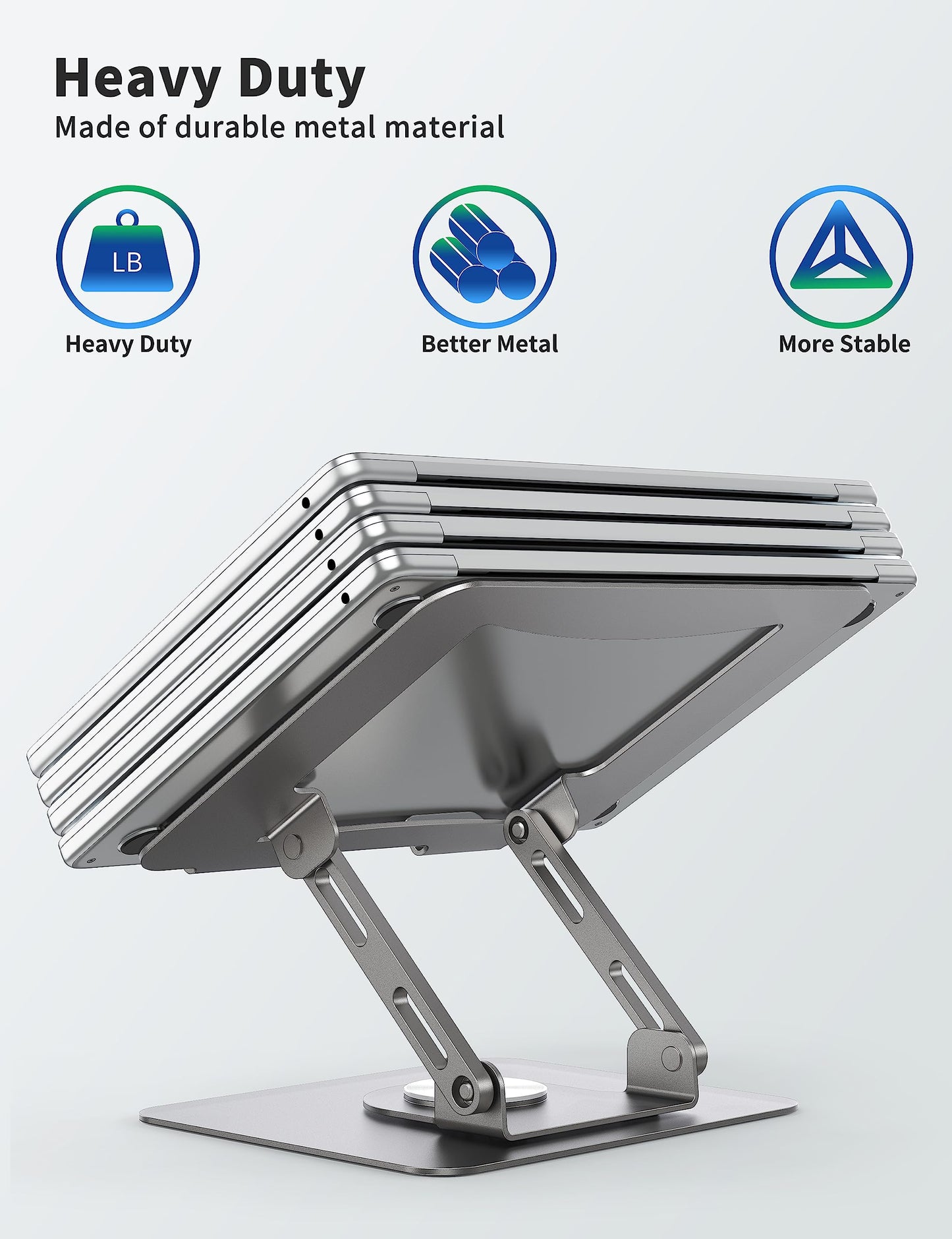 SOUNDANCE Laptop Stand with 360° Rotating Base, Ergonomic Computer Riser for Desk, Adjutable Height Muti-Angle, Foldable Laptop Mount, Stable Metal Holder Support 10-15.6" Notebook PC, Silver Grey