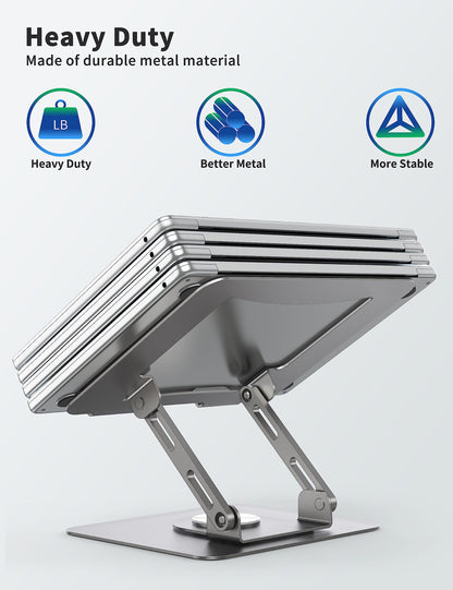 SOUNDANCE Laptop Stand with 360° Rotating Base, Ergonomic Computer Riser for Desk, Adjutable Height Muti-Angle, Foldable Laptop Mount, Stable Metal Holder Support 10-15.6" Notebook PC, Silver Grey