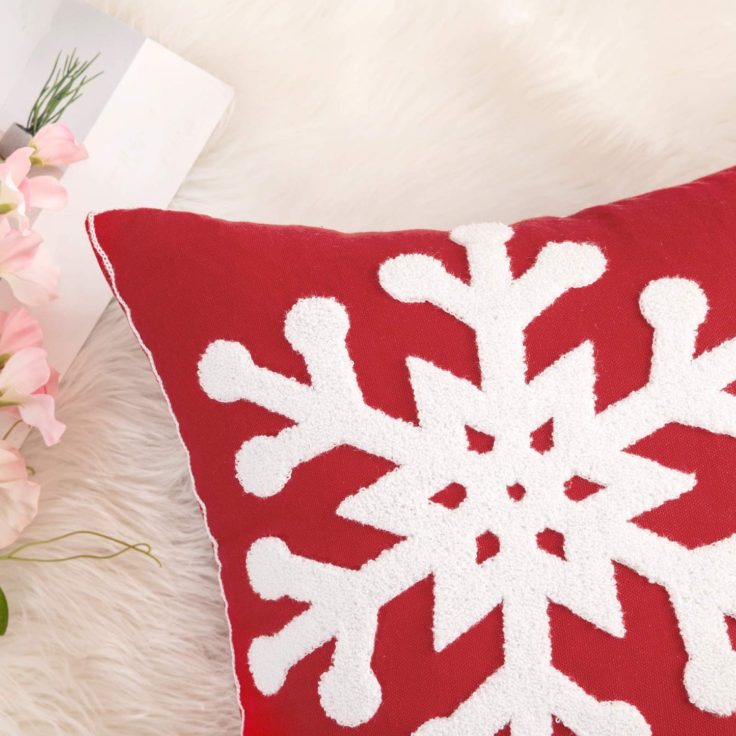 MIULEE Pack of 2 Christmas Decorative Snowflake Throw Pillow Covers Canvas Embroidery Winter Cushion Cases Holiday Decor Soft Pillowcases for Winter Couch Sofa Bedroom Car（Red, 18x18in）