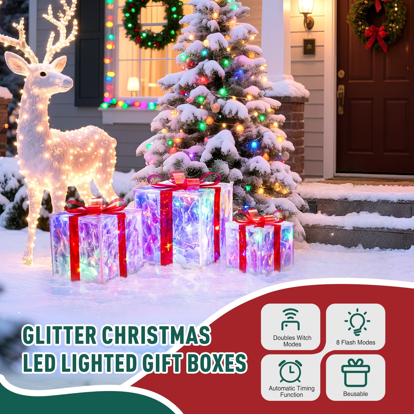 Set of 3 Christmas Lighted Gift Boxes with 50 LEDs,Outdoor Christmas Decorations,8 Modes RGBW Lights,Battery Operated Light Up Present Boxes for Christmas Trees Indoor Outdoor Home Yard Lawn Decor