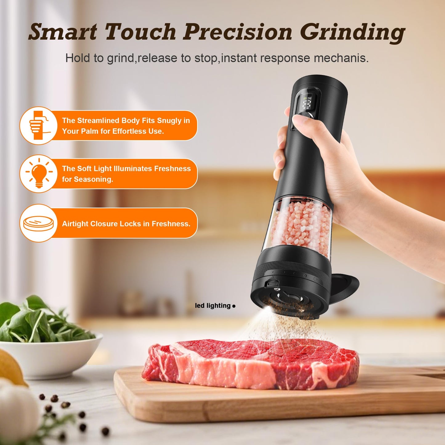 Electric Salt and Pepper Grinder Set, Automatic Refillable Salt and Pepper Shakers 2-Speed Setting with LED Light and 5 Adjustable Coarseness,Practical and Convenient Kitchen Gadgets（Black）