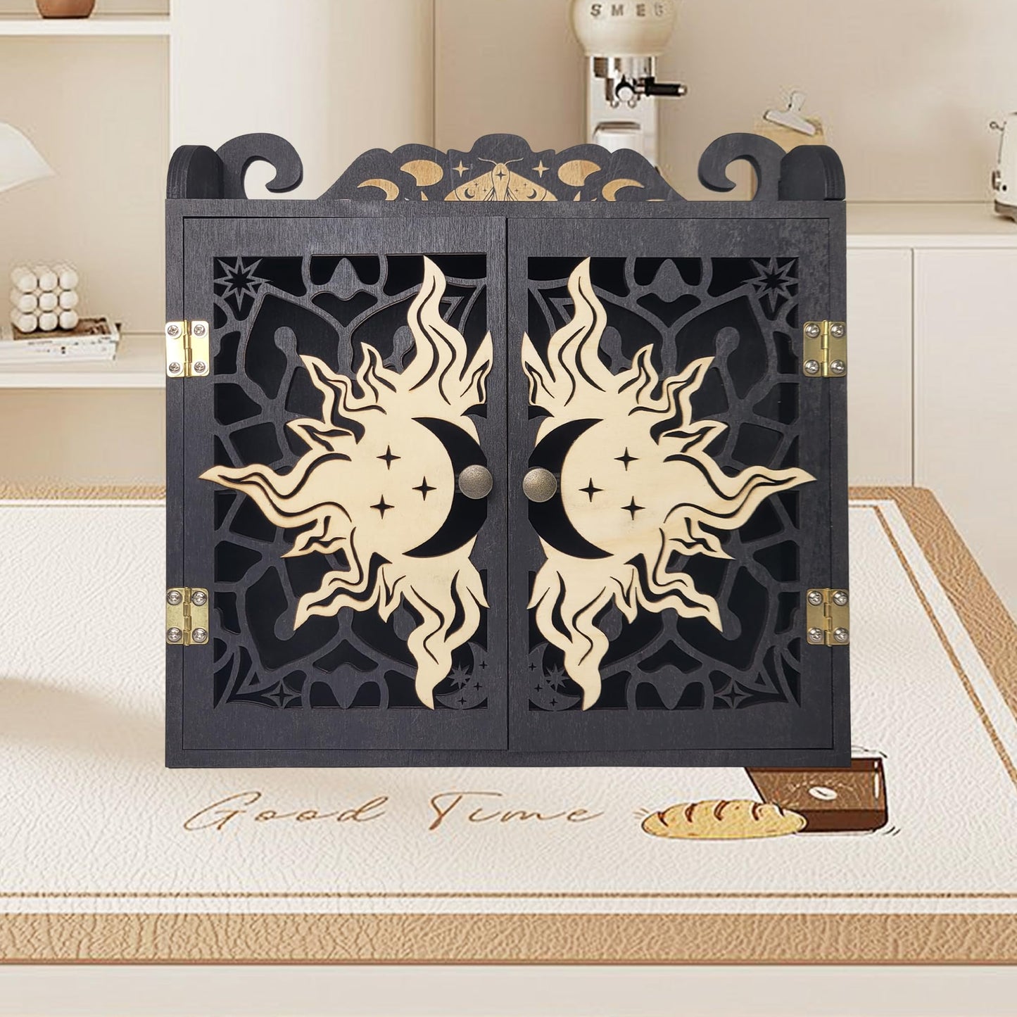 FNYDOX Large Crystal Display Shelf Case for Stones, Carved Sun Crescent Moon Shelf, Trinket Shelf Nail Polish Rack Crystal Holder Essential Oil Storage Rock Cabinet Gem Stone Organizer