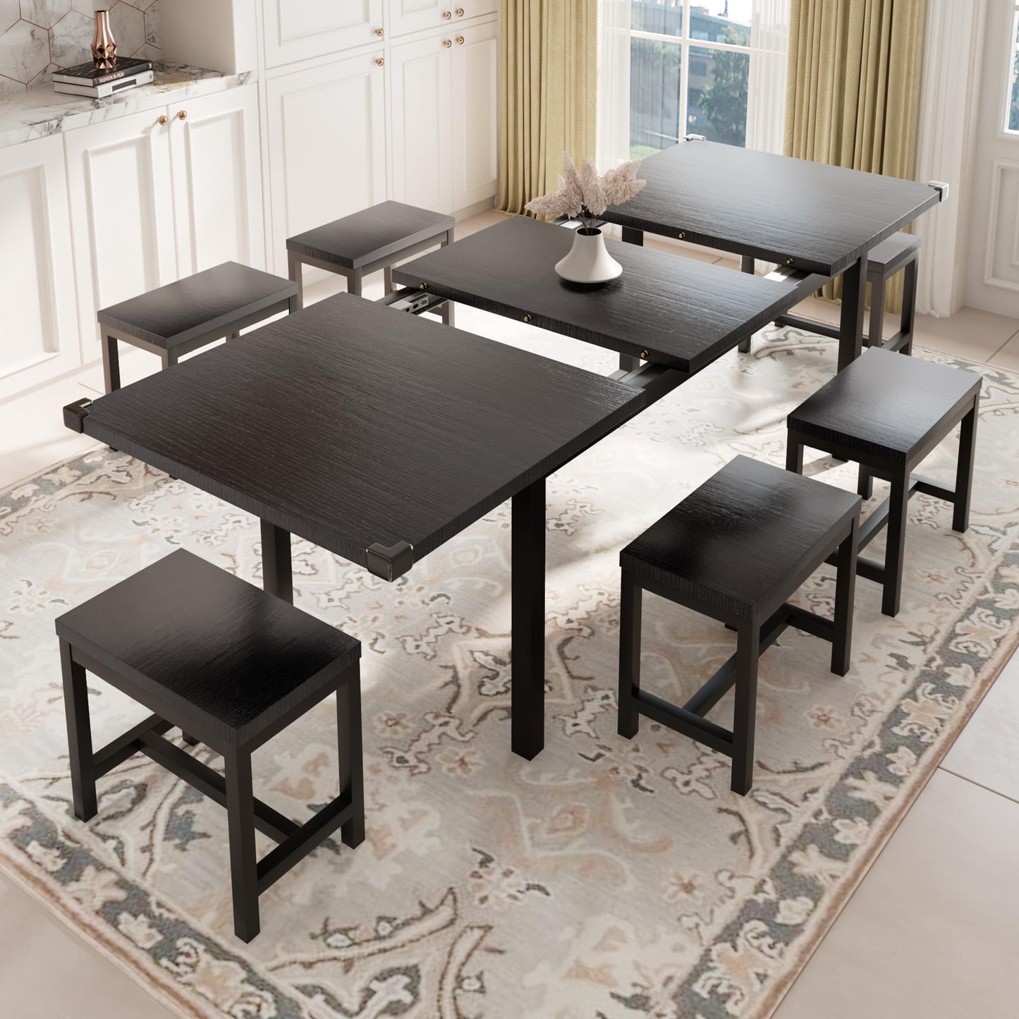 Feonase 7-Piece Dining Table Set for 4-8, 63" Large Extendable Kitchen Table Set with 6 Stools, Modern Dining Room Table with Heavy-Duty Frame, Easy Assembly, Gray