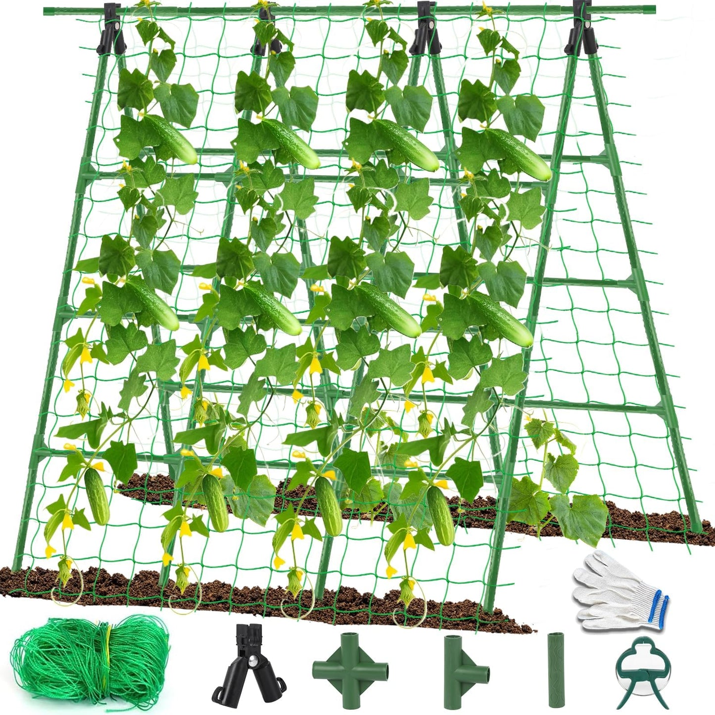 A-Frame Cucumber Trellis for Raised Bed - 63”H x 47”W, Heavy-Duty Detachable Garden Trellis with Netting & Clips, Support for Climbing Outdoor Cucumber, Tomatoes, Luffa, Bitter Melon, Vining Flowers