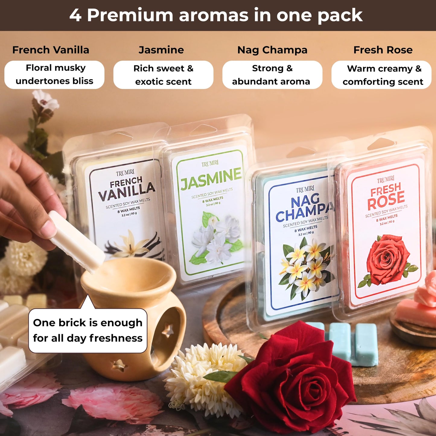 Scented Wax Melts Variety Pack of 4x8ea - Nag Champa|Fresh Rose|French Vanilla|Jasmine - Made with Non Toxic Soy Wax and Essential Oils- Long Lasting Strong Scent Pet Safe Candle Wax Cubes for Warmers