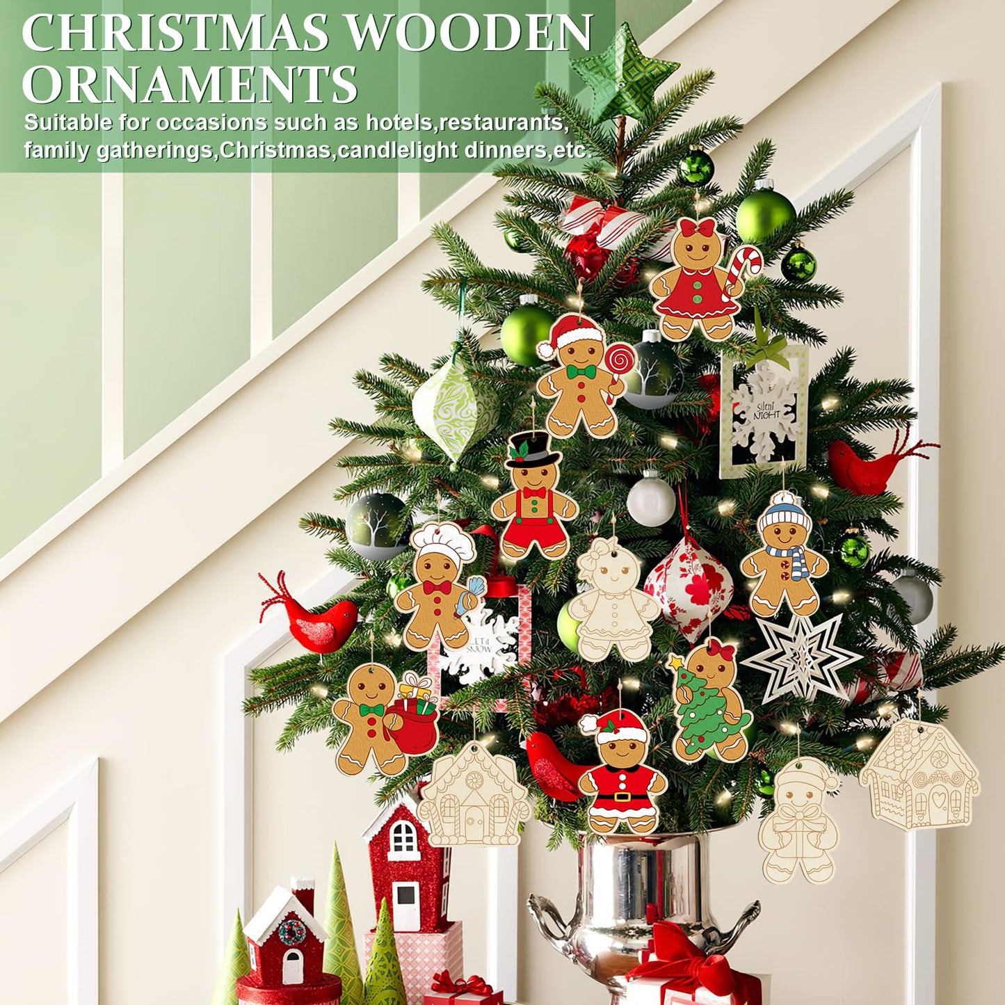 80PCS Wooden Christmas Ornaments to Paint, 8 Styles DIY Blank Unfinished Wood Gingerbread Man Cutouts Ornament for Crafts Winter Hanging Decorations