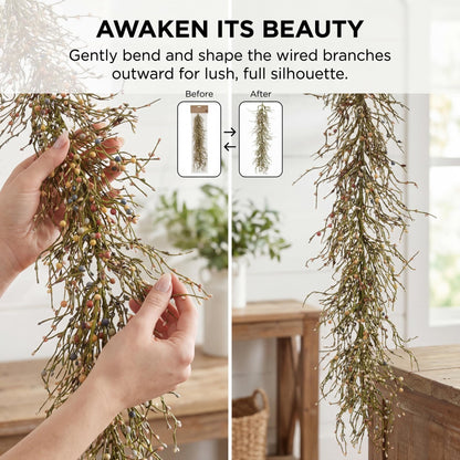 Quixem 60 Inch (5FT) Rustic Pastel Blue Peach & Yellow Pip Berry Garland for Fireplace Mantel & Table Runner, Flexible Wired Artificial Vine, Spring Farmhouse Decor, Precise Size