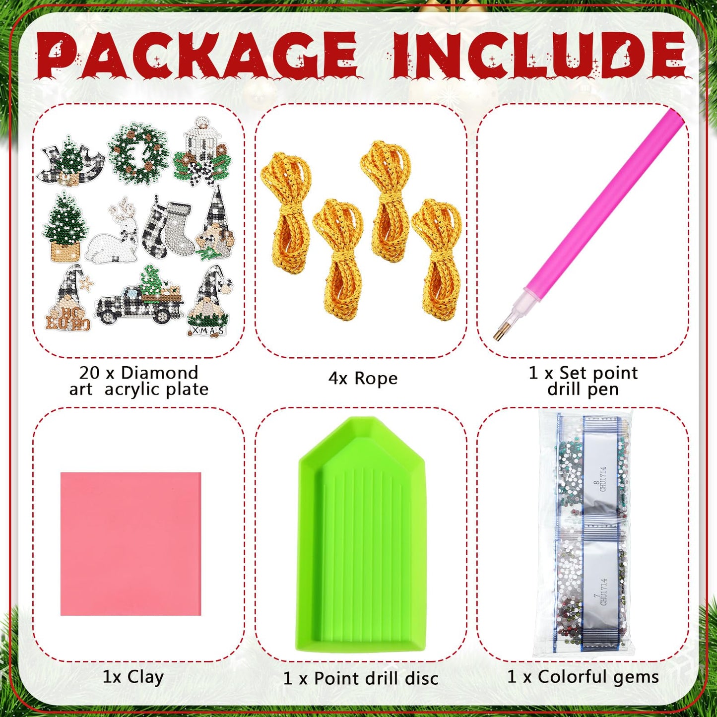 Realspring 20 Pcs Christmas Diamond Art Ornaments 5d Winter Diamond Painting Tree Decorations Has Xmas Hanging Rhinestones Art Kits for Adults Beginners DIY Crafts(Gnome)