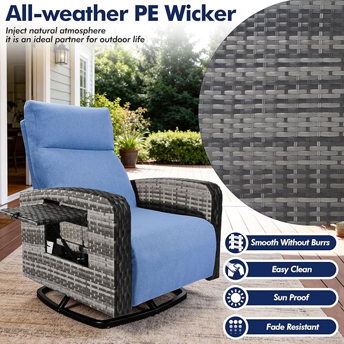 Outdoor Recliner Chair Set of 2, Wicker Patio Recliners with Adjustable Backrest and Extended Foot Rest, Reclining Patio Chairs with Flip Table & Removable Cushion Cover for Porch