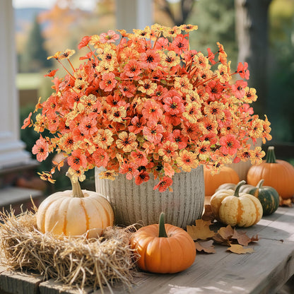Alupssuc 24 Bundles Autumn Artificial Flowers Outdoor Decorations, Silk Violet Plastic Fake Flower Plants for Hanging Baskets Garden Porch Window Home Vases Wedding Farmhouse Decor, Orange and Red
