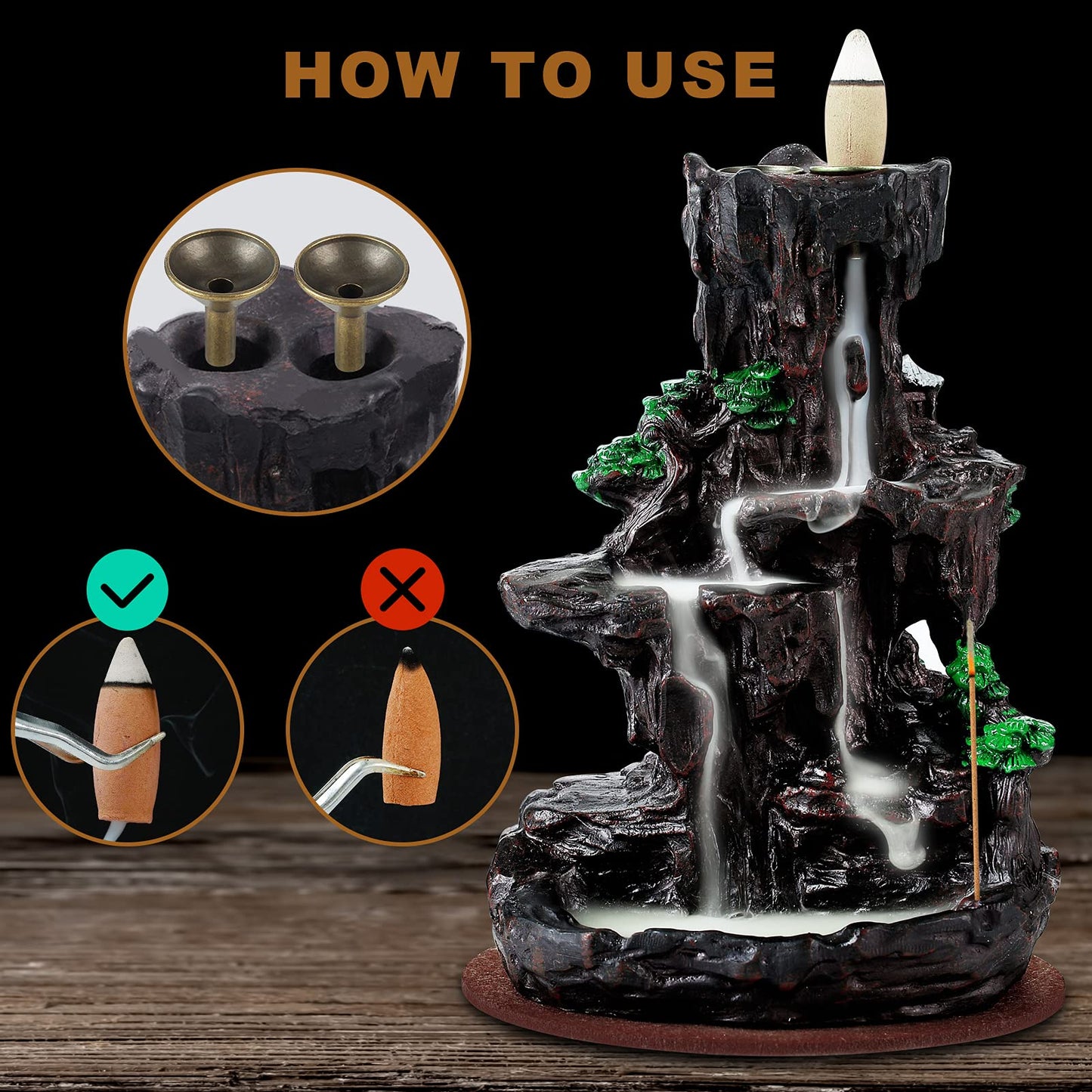 SPACEKEEPER Incense Burner, Backflow Incense Holder 2 Sides Waterfall Incense Burnier with 120 Backflow Incense Cones, 30 Incense Sticks, Aromatcherapy Ornamen for Home