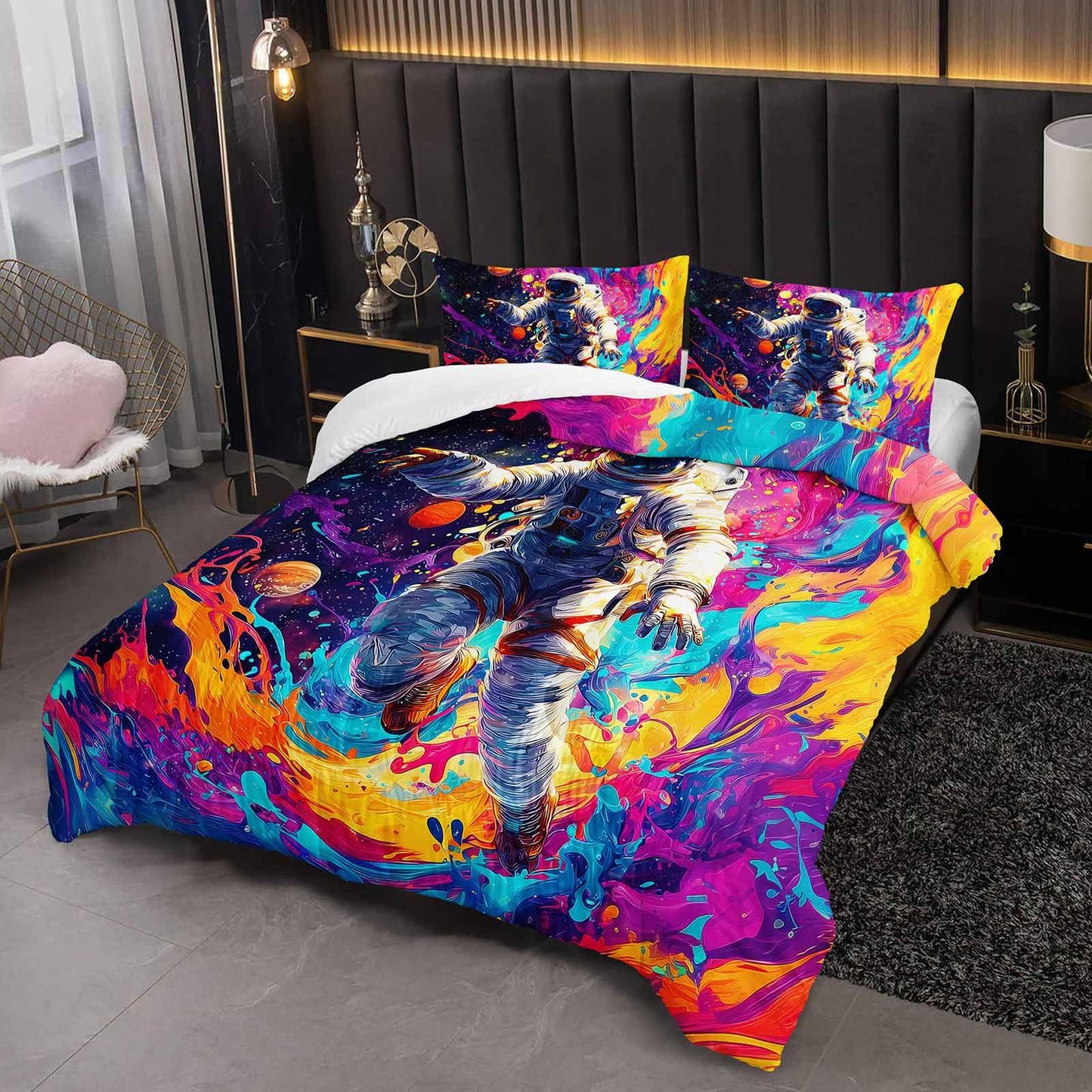 lneffble Astronaut Galaxy Comforter Full Size,Astronaut Galaxy Kids Comforter Set,3Pcs Bedding Set Printed Comforter with 2 Pillowcases,Down Alternative,Soft and Lightweight,for All Seasons