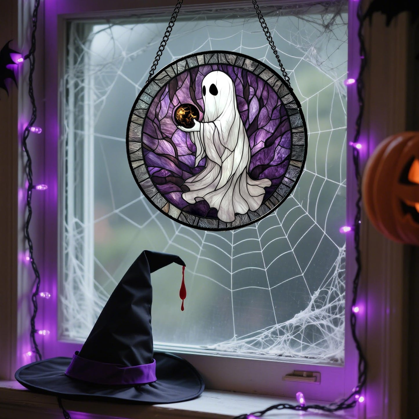 AMDERVEN Stained Glass Window Hanging - HalloweenGhost Magician Black Purple Crystal Ball Suncatcher for Doors Garden Spooky Sun Catchers Gothic Decorations Horror Gifts for Women Men Friend 9.8 in