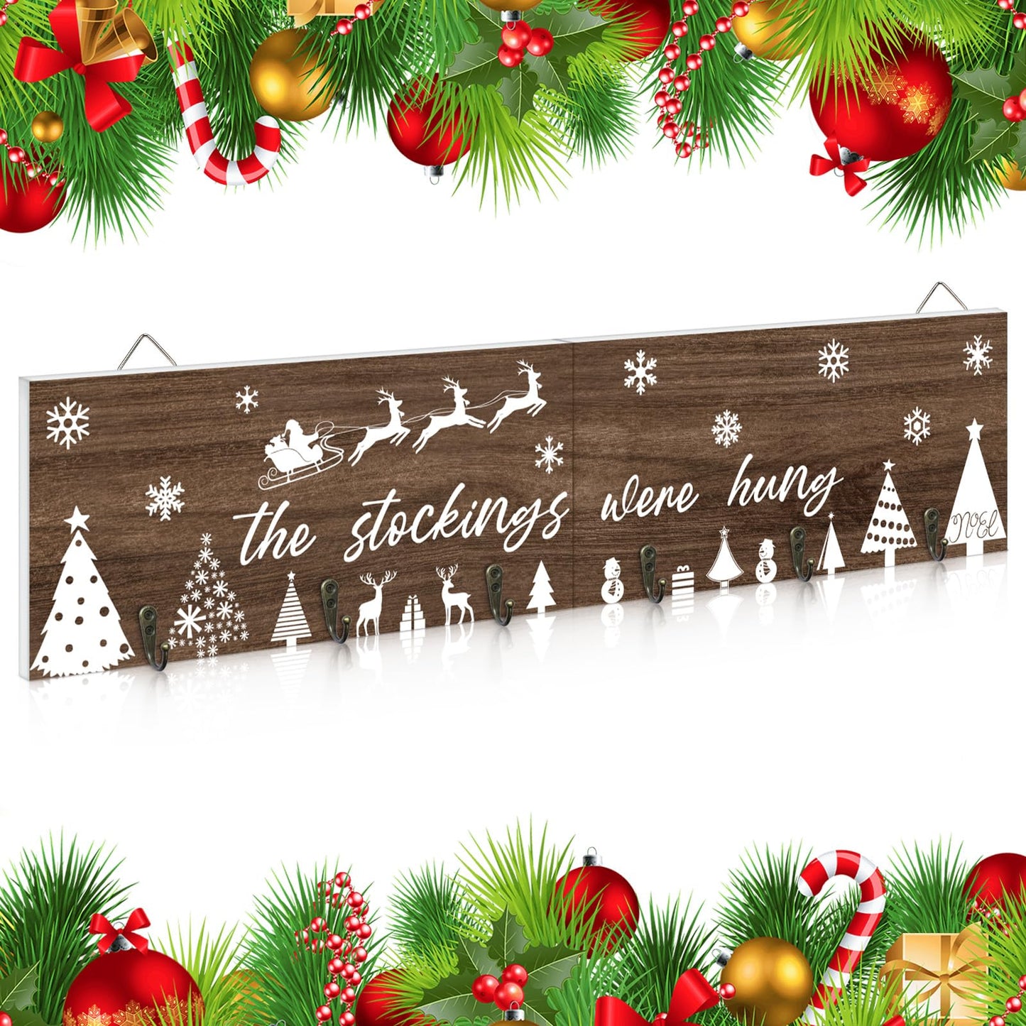 LIKAJON Wooden Christmas Stocking Holder for Wall, 24.8 Inches Xmas Stocking Hangers for Wall, The Stocking were Hung Wood Hanging Sign with 6 Hangers for Christmas Fireplace Mantel Decorations