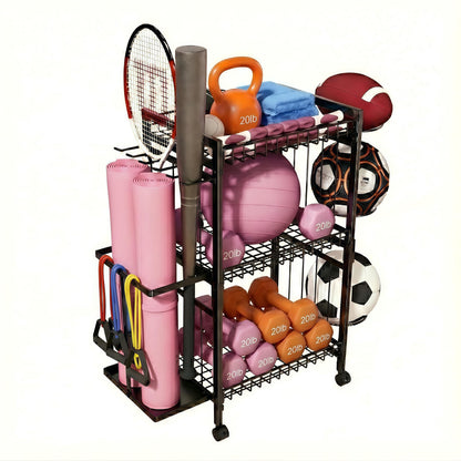 ULAIHOMN 3-Tier Home Gym Storage Rack with Ball Holder & Side Basket Heavy Duty Vertical Workout Equipment Organizer for Yoga Mats with Lockable Wheels