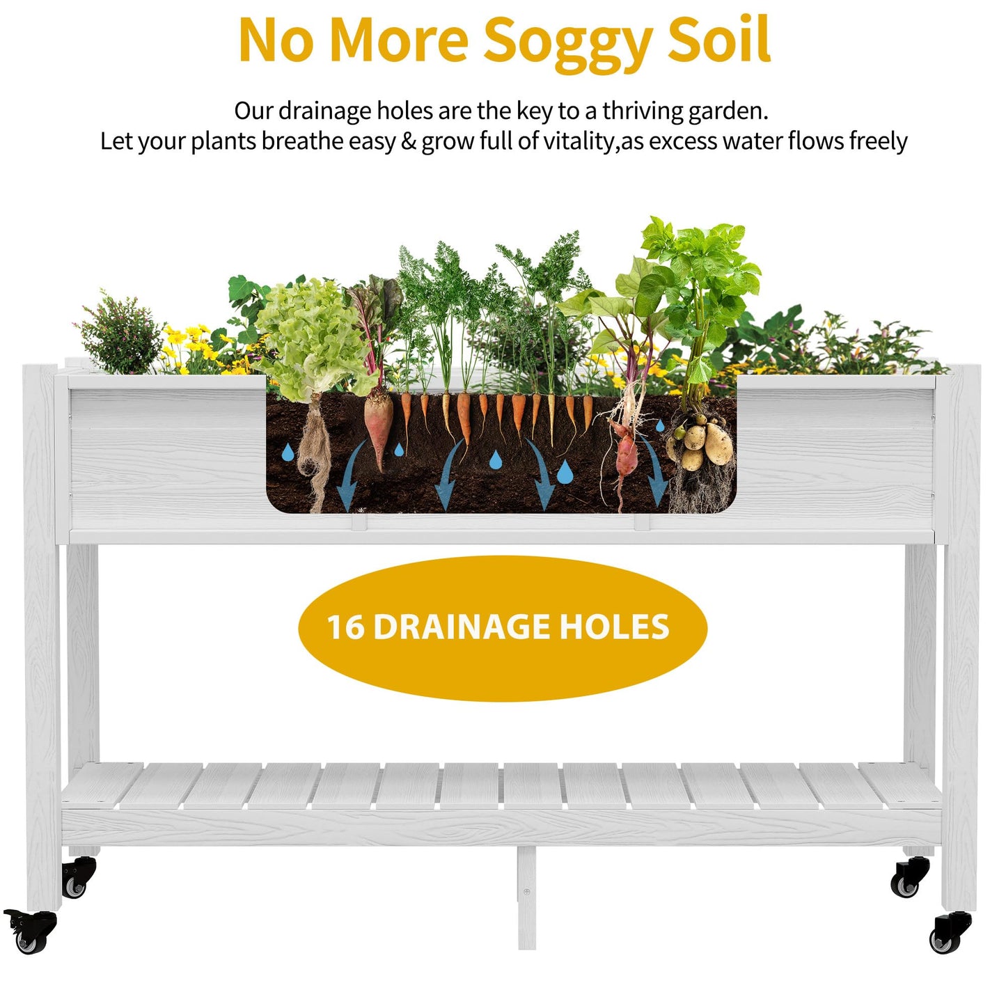 DWVO 47x18x3in Raised Garden Bed HDPE Outdoor with Legs and Lockable Wheels, Weather-Resistant Poly-Wood Elevated Planter Box, Double Tier Planters for Backyard Patio Balcony, White