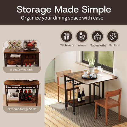 Giantex Folding Dining Table with 5 Wheels, Extendable Bar Tables with Wine Rack and Storage Shelf, Heavy-Duty Metal Frame, Space-Saving Kitchen Table for Small Spaces, Living Room, Apartment, Office