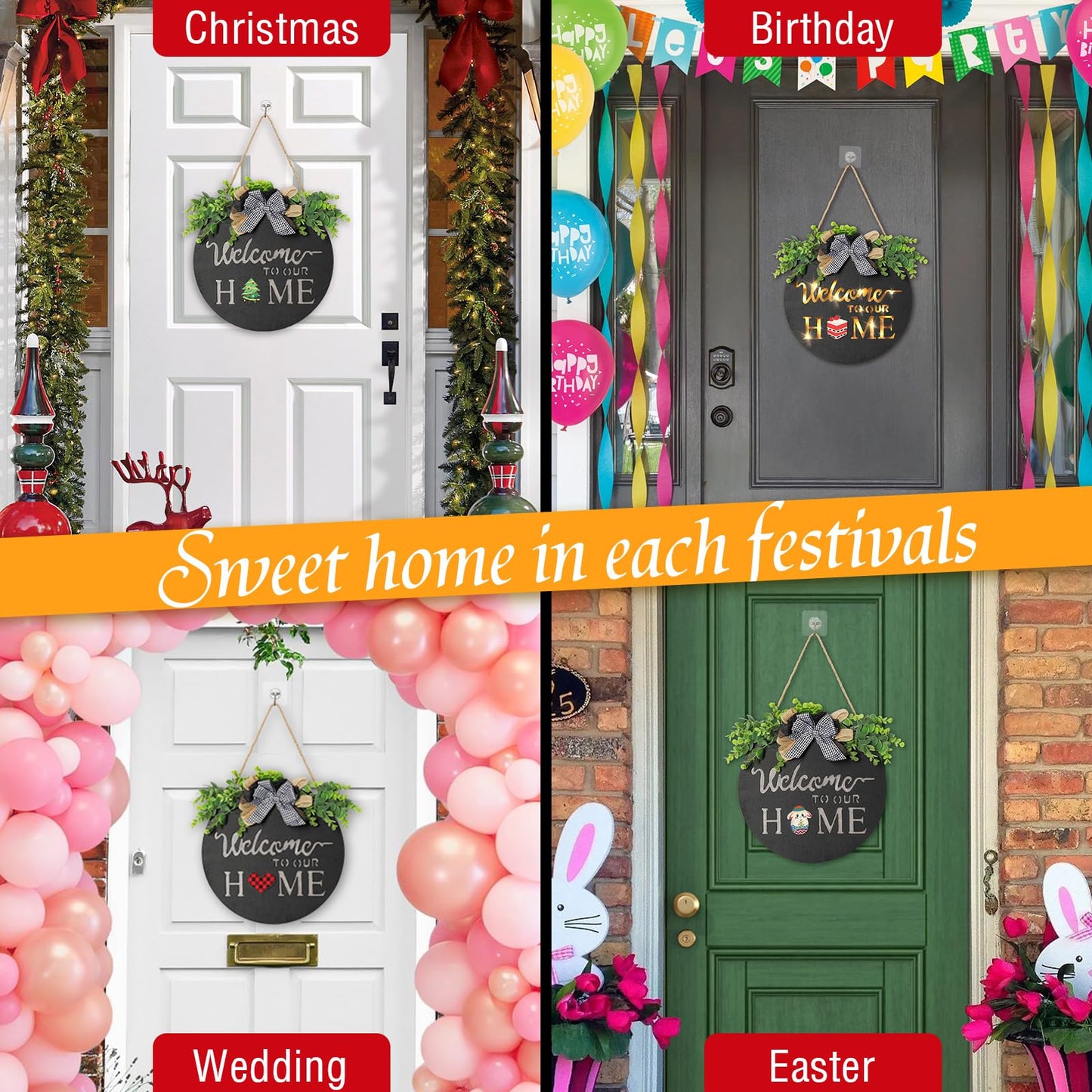 MIPON Interchangeable Welcome Sign for Front Door with LED Light, 17 Changeable Icons 3D Letters, Farmhouse Seasonal Porch Decor Hanging Sign for All Seasons Holiday Decor(Black)