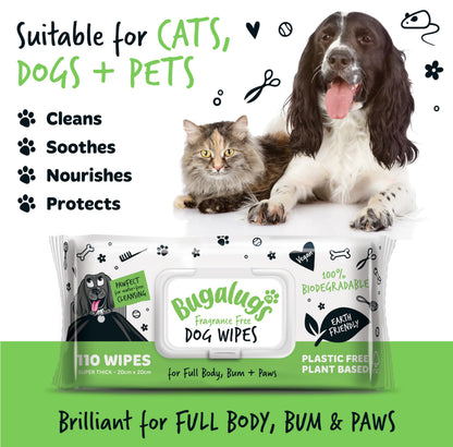 BUGALUGS Dog Wipes, 100% Plastic Free Biodegradable pet wipes for full body, eye wipes, ear wipes, bum & paws. 110 sensitive dog grooming wipes for dogs, puppy & cat grooming (Fragrance Free)