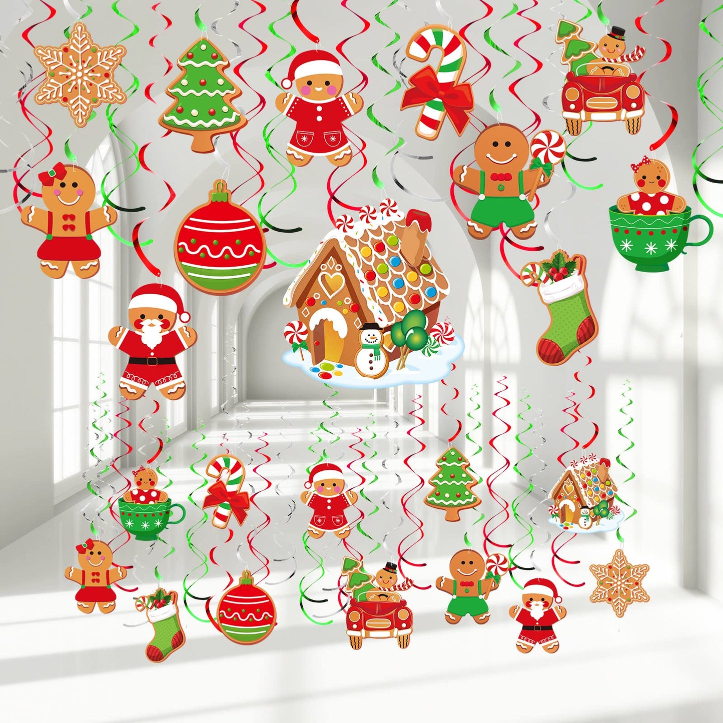 Zomiboo 53 Pcs Christmas Hanging Swirls Decorations Candy Gingerbread Man Elves Truck Red Cardinals Ceiling Decor Ornaments for Tree Xmas Holiday Party Supplies(Gingerbread)