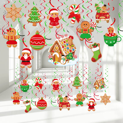 Zomiboo 53 Pcs Christmas Hanging Swirls Decorations Candy Gingerbread Man Elves Truck Red Cardinals Ceiling Decor Ornaments for Tree Xmas Holiday Party Supplies(Gingerbread)