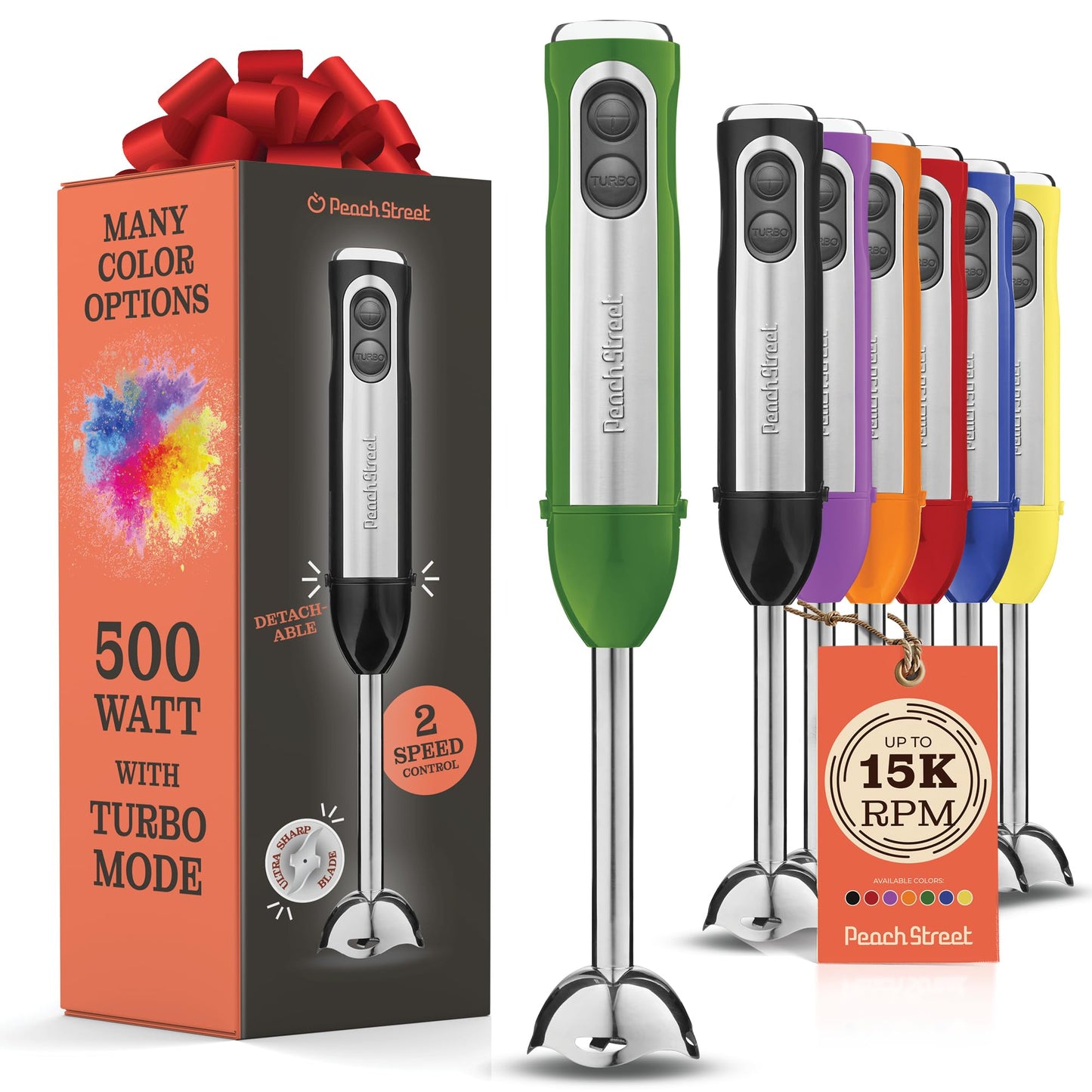 Powerful Immersion Blender, Electric Hand Blender 500 Watt with Turbo Mode, Detachable Base. Handheld Kitchen Gadget Blender Stick for Soup, Smoothie, Puree, Baby Food, 304 Stainless Steel Blades