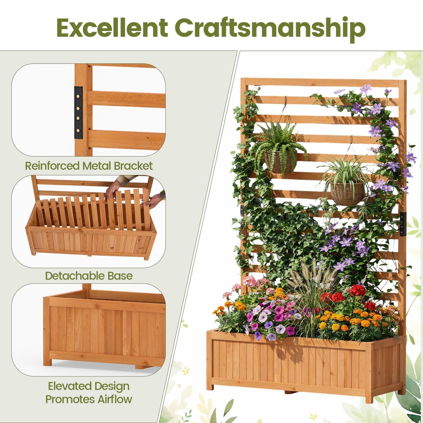 Giantex Set of 2 Raised Garden Bed with Trellis, 59” Tall Planter Box with Liner, Drainage Gaps for Climbing Vine Vegetable Flower, Indoor Outdoor Freestanding Privacy Screen for Porch Patio Yard