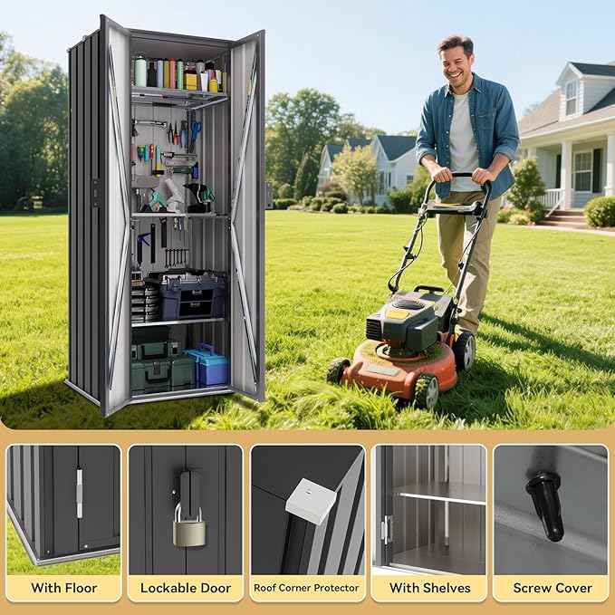 Greesum Outdoor Metal Storage Cabinet, 69'' Lockable Tall Shed, Vertical Tool Organizer with 2 Adjustable Shelves, for Garage, Patio, Backyard, Home & Lawn, Black