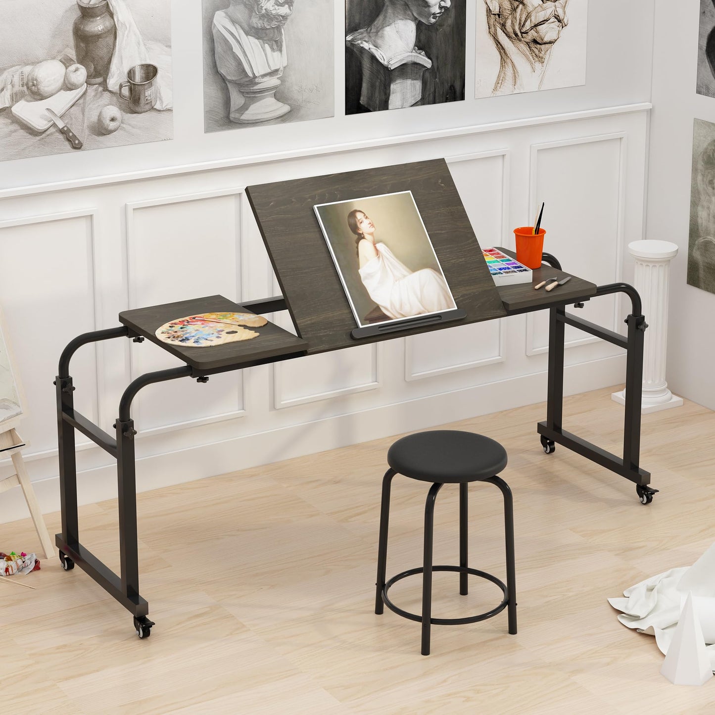 TigerDad Tilt Overbed Table with Wheels, Height Adjustable Rolling Desk for King Queen Bed, Tilting Laptop Cart Mobile Computer Workstation, Dekuwood