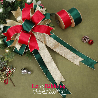 LaRibbons Christmas Velvet Ribbon Wired 2.5 Inches Wide (2 Rolls 20 Yards TTL) Double Faced Red Green and Gold Glitter Velvet Ribbon for Christmas Tree Garland, Gift, Bow, Home Decor