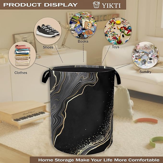 Black Gold Marble Laundry Basket, Modern Clothes Hamper, Oxford Cloth