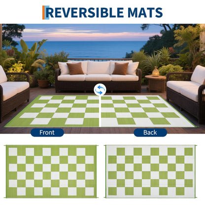 Garvee Outdoor Plastic Straw Rug 9x18 Waterproof UV Resistant Patio Camping Rug Modern Checkered Large Foldable Floor Mat for Camping, Picnic, Backyard, RV, Beach, Picnic, Deck, Green/White