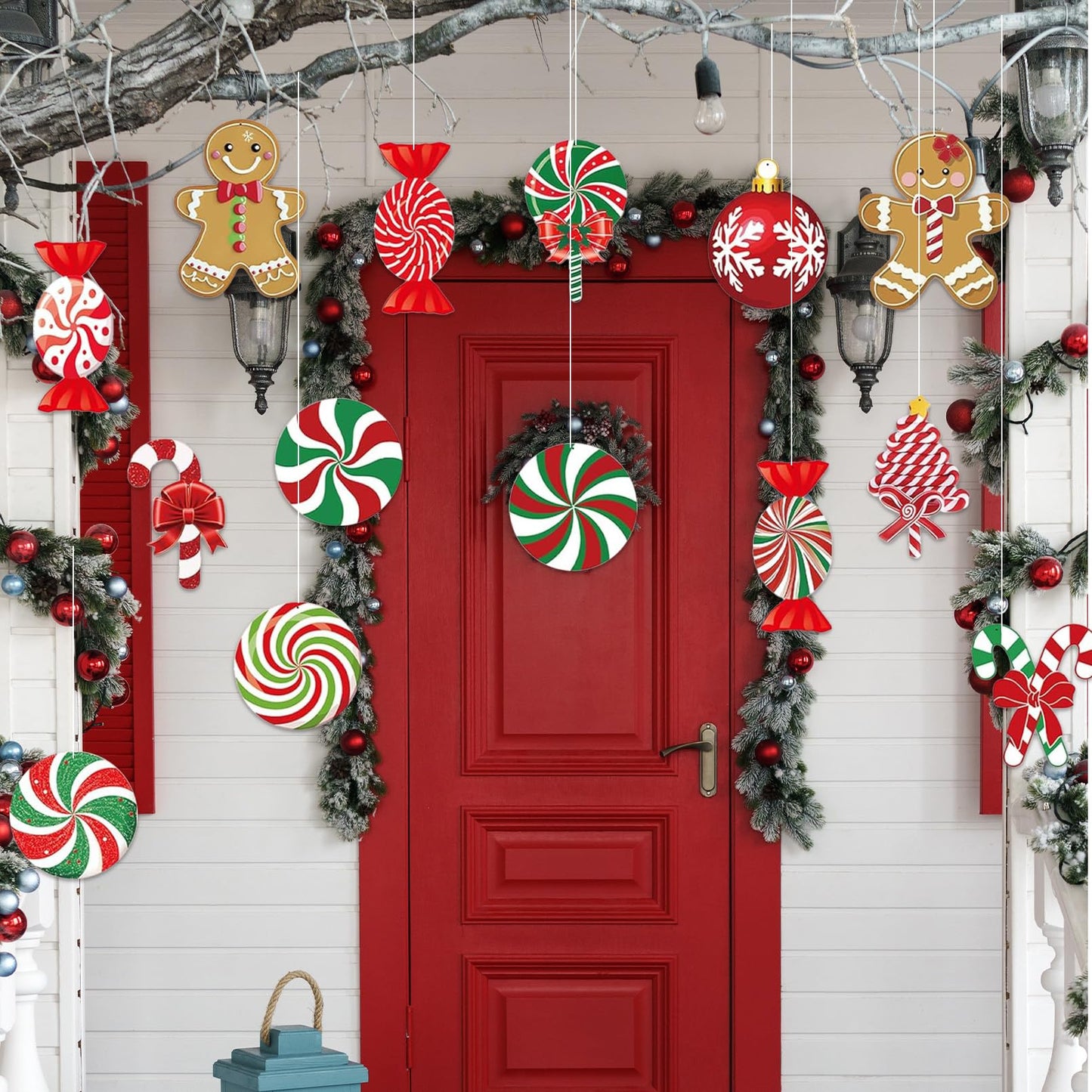 18 Pcs Gingerbread Christmas Ornaments, Candy Gingerbread & Peppermint Yard Signs, Outdoor Xmas Hanging Ornaments for Lawn, Festive Winter Party Supplies