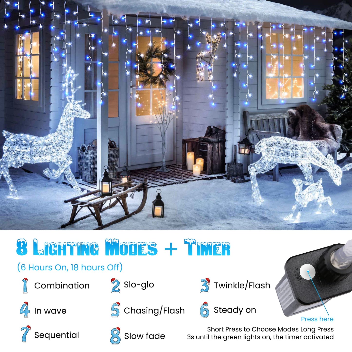 Toodour White & Blue Christmas Icicle Lights, 29.5ft 360 LED Icicle Lights, 8 Modes, 60 Drops, Window Curtain Led Christmas Light, Icicle Twinkle Light for Eaves, Party, Wedding, Xmas Decorations