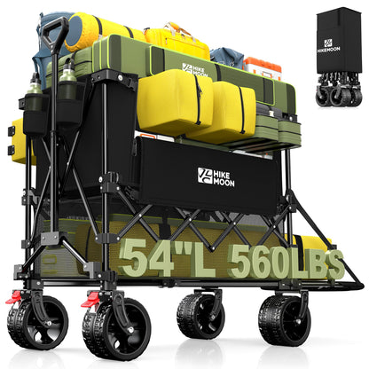 Hikemoon 400L Double Decker Wagon with Tailgate 54'' Extra Long, 560LBS Heavy Duty Wagons Carts Foldable, Big All-Terrain Wheels with Brakes, Utility Folding Cart for Beach, Camping, Sports, Black